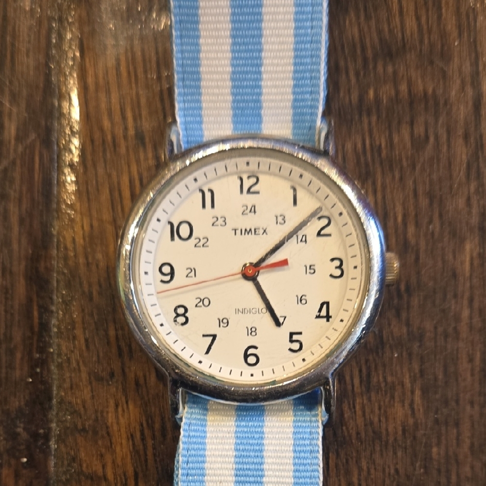 Timex Classic Silver Watch with Blue Striped Band